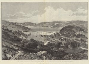 Lake Vyrnwy, Montgomeryshire, Noord-Wales, gevormd door de dam van metselwerk gebouwd voor de nieuwe Liverpool Waterwerken